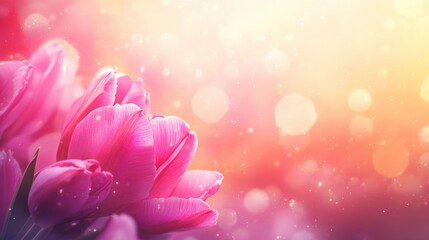 Fototapeta premium Elegant pink tulip blossoms amidst shimmering bokeh lights background