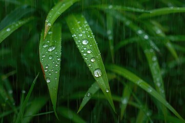 Shimmering water droplets resting on colorful leaves following a rain shower