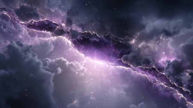 Dramatic lightning crack through dark clouds with glowing purple light on cosmic night sky background, depicting energy and fantasy concept