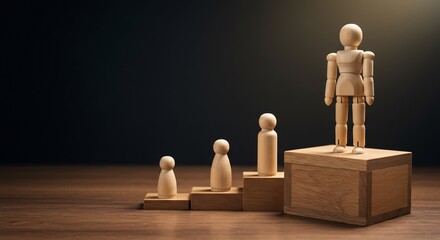 木の人形が階段を上る成長と成功のイメージ写真