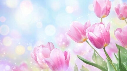 Obraz premium Ethereal pink tulips blossoming against soft bokeh, creating a serene floral dream