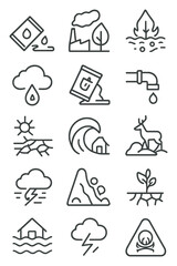 Environmental hazard icons icons in minimalistic line art style: oil spill, air contamination, forest fire alert, toxic algae, acid rain, waste