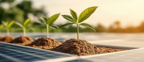 Green plants growing in soil. Farming cultivation on solar panels. Sustainable urban environment. Eco friendly gardening.