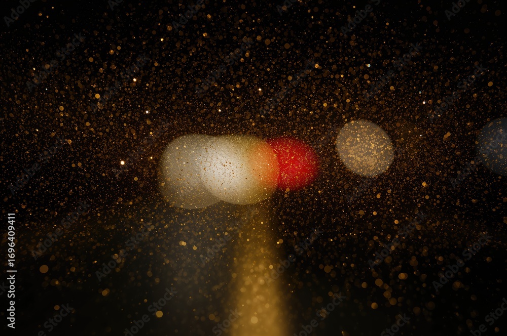 Poster abstract image featuring a backlit reflector and sparkling bokeh lights on a road, with vibrant colo