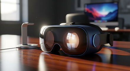 Modern Virtual Reality Headset on a Reflective Wooden Desk with Bright Sunlight and Office Background
