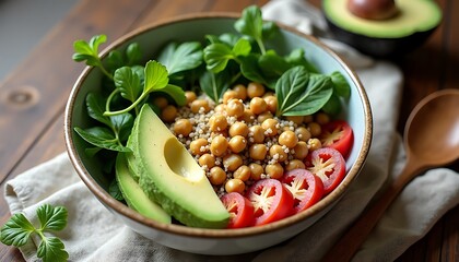 Healthy salad with avocado, chickpeas, and vegetables in a bowl
