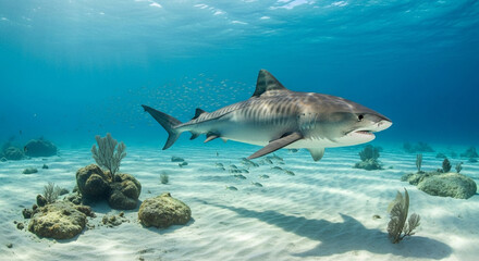 Fototapeta premium A tiger shark gracefully swims over a sandy ocean floor, surrounded by coral and smaller fish.
