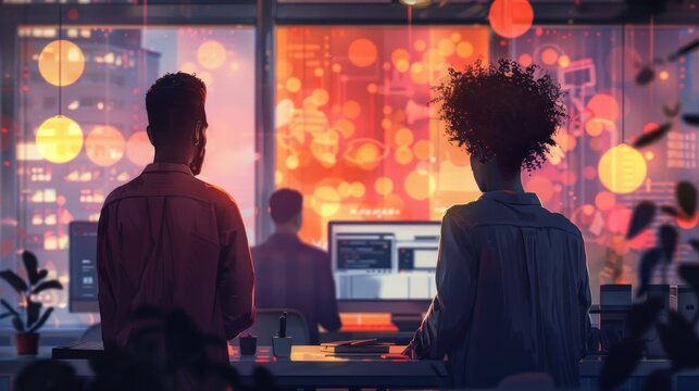 Night office scene of programmers