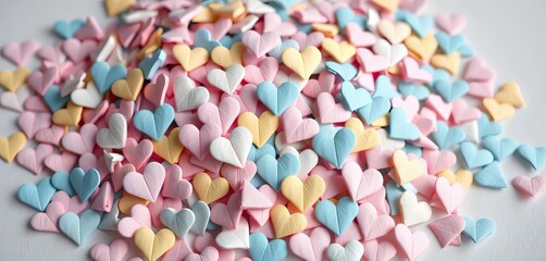 Pile of tiny, folded paper hearts, various pastel colors, soft lighting, romantic, green hearts