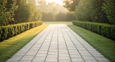 Fototapeta premium Straight Stone Pathway Leading Through Peaceful Green Garden Landscape
