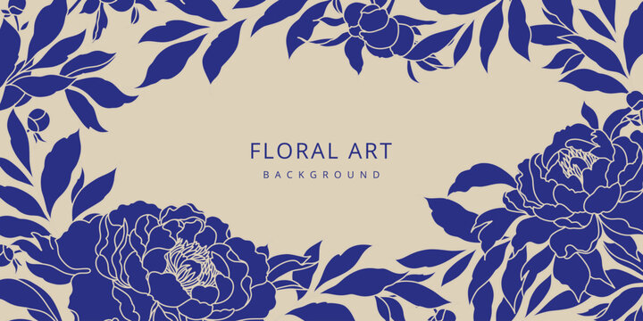 Elegant blue floral botanical background with peonies in line art style. Vector illustration