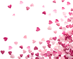 Scattering pink and red heart confetti isolated on transparent background
