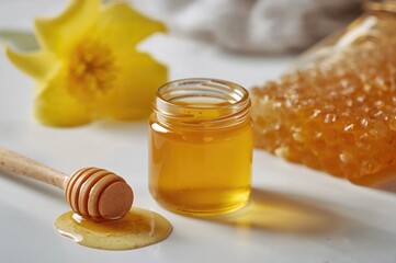Small jar of honey with honey dipper and honeycomb pieces