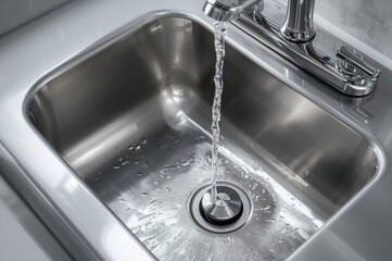Shiny bathroom basin with flowing water and stopper