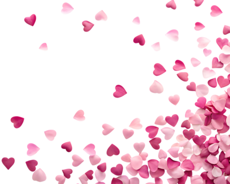 Scattering pink and red heart confetti isolated on transparent background