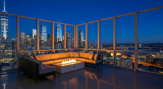 Modern outdoor Lshaped sofa with light cushions and a glowing rectangular fire pit.