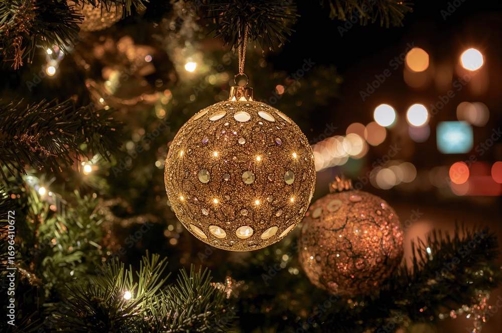 Poster sparkling orb adorned on festive tree with a dazzling backdrop.