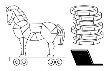 Trojan horse on wheels, laptop, coin stack symbolize cybersecurity threats, financial fraud, data hacking, online scams, ransomware, digital security breaches. Ideal for tech finance risk hacking