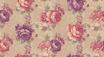 Obraz premium ピンク紫薔薇柄の美しい花柄生地