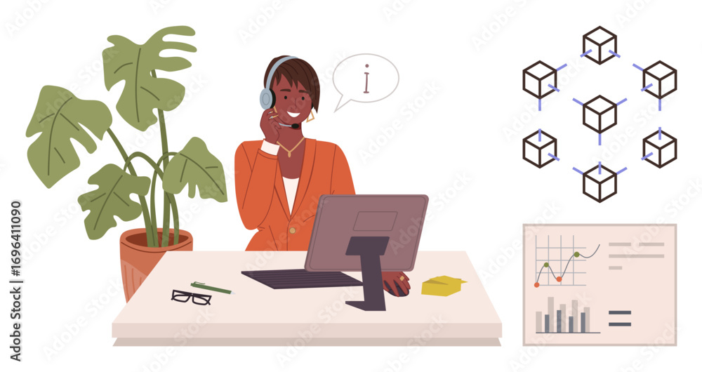 Poster professional in headset assisting via computer, discussing blockchain network. includes plant, data 