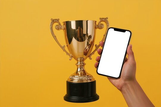 Golden award statuette grasping a modern smartphone with an empty display for customization against a yellow background