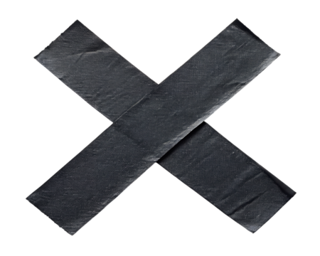 Black duct tape cross shape isolated on transparent background, a symbol of repair and security