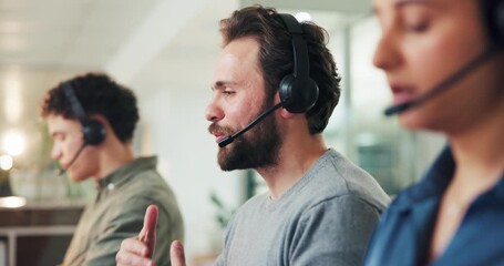 Business, customer service and man in office, conversation and communication with tech support. People, consulting and employees with headset, contact us and call center with discussion or help desk - Powered by Adobe
