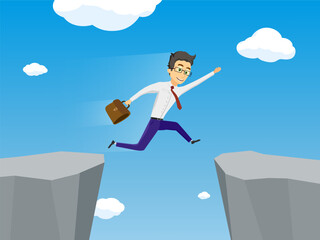 Businessman jumping over obstacle cliff between hills. Vector illustration