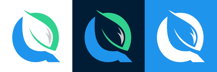 Letter Q eco green Logo with leaves. ,symbol,alphabet,botany,natural