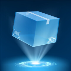 Hologram of cardboard box in beam light. Vector illustration