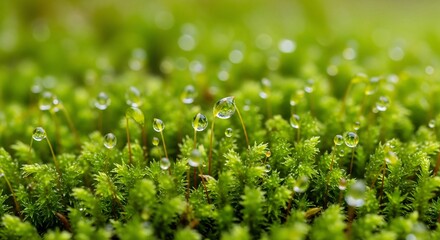 Macro Photography of Dewdrops on Green Moss in High Detail