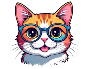 Kawaii Cat Face with Glasses and Whiskers, Funny Cute Cat Icon, isolated on transparent background PNG