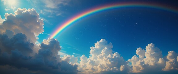Vibrant rainbow arching above dramatic cumulus clouds under a clear blue sky