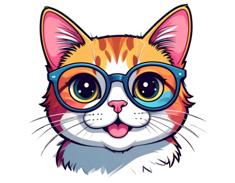 Kawaii Cat Face with Glasses and Whiskers, Funny Cute Cat Icon, isolated on transparent background PNG