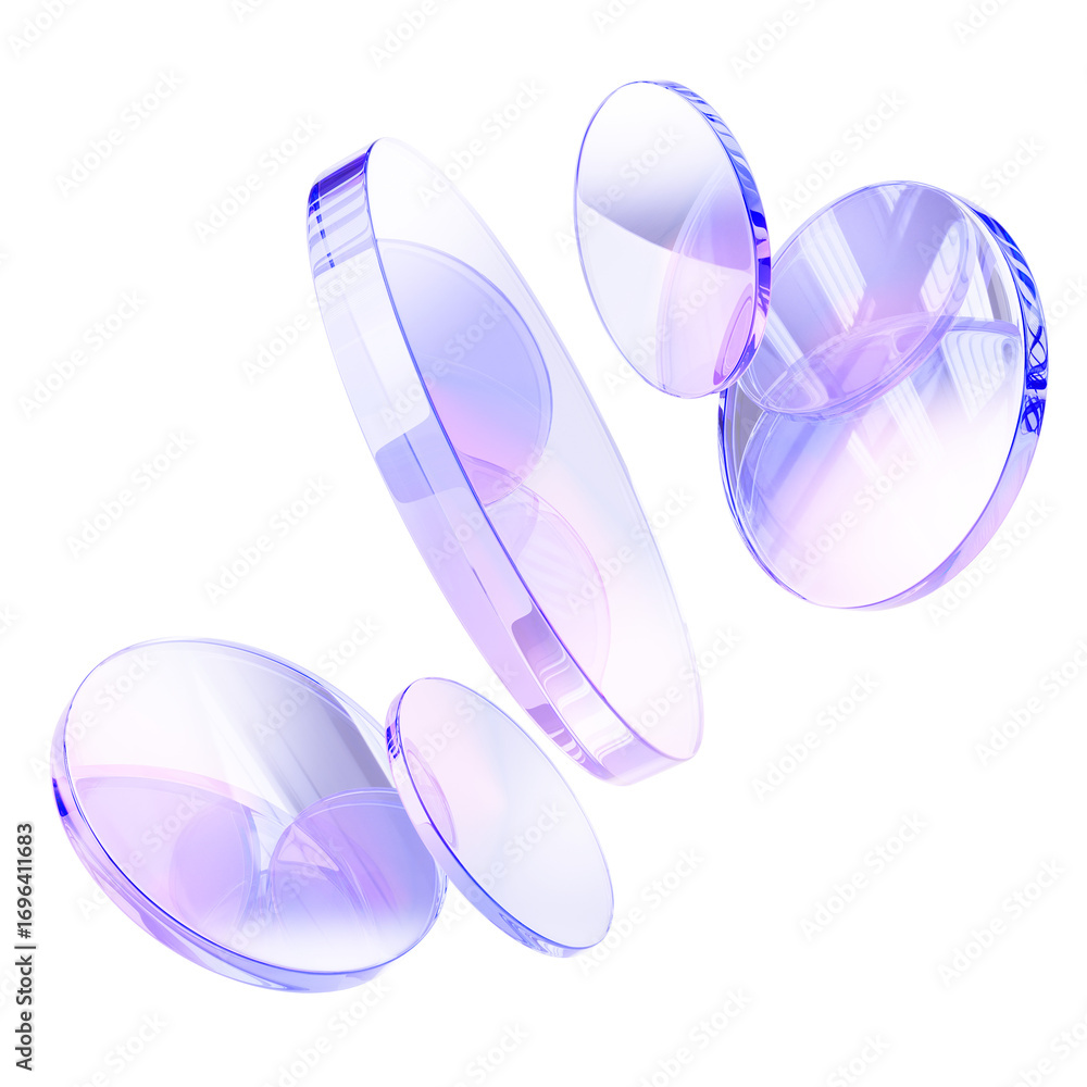 Poster 3d crystal light holographic glass round disks on light background. abstract circle discs with iride