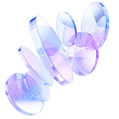Glass hologram transparent circle disc shapes flying on pastel 3d background. Rainbow gradient round lens with prism light refraction and flare. Abstract render geometric disk plates
