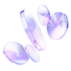 3d crystal light holographic glass round disks on light background. Abstract circle discs with iridescent gradient, glare and motion effect. Render geometric cylinder plate shapes