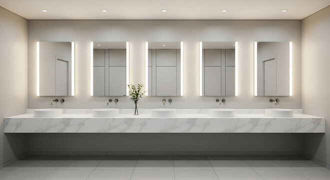 Modern Public Restroom with Marble Countertops and Integrated Sinks.