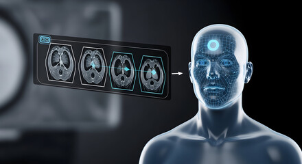 Digital Human Head with Medical Brain Scans and Healthcare Technology Display
