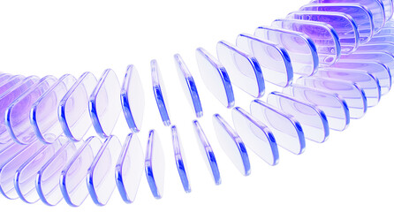 3d background with glass holographic rectangular plates rows. Abstract wave curve pattern. Transparent rectangle shapes with rounded corners, light purple gradient and motion effect