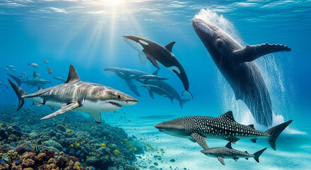 Underwater scene featuring a great white shark, orca, whale shark, humpback whale, hammerhead sharks, and coral reef under sunlight.
