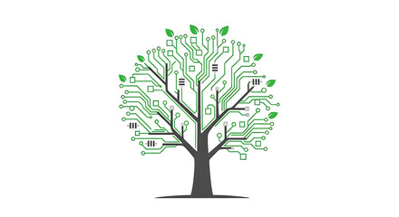 Concept of digital growth and innovation represented by a tree made of circuit board elements and leaves.