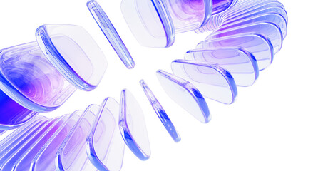Fototapeta na wymiar Abstract glass 3d background. Rows of crystal light holographic rectangle plates with rounded corners render. Gradient transparent block shapes. Iridescent curve wave line pattern