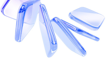 Abstract 3d background wallpaper with blue glass transparent square plates, motion effect render. Liquid water block shapes. Geometric curve wave pattern. Digital tech graphic design