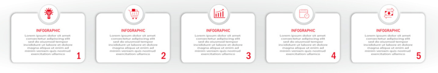 Business progress or process visualization with 5 steps white diagrams with icon on circle | Infographic modern marketing chart | Elegant red abstract innovation for presentation, report