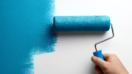 Obraz premium Painting a wall with bright blue color using a roller in a well-lit interior space during daytime
