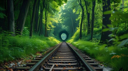 Abandoned railway tracks leading into a lush green forest tunnel, surrounded by dense trees and vibrant vegetation