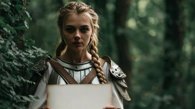 Woman in detailed fantasy armor holding a blank parchment, natural forest background, medieval fantasy concept, mysterious atmosphere