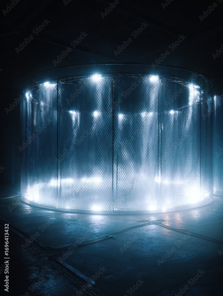 Poster Mysterious Illuminated Circular Structure in a Dark Environment Showcasing Vibrant Lights and Reflections