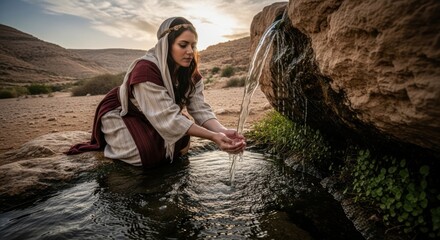 Woman holding crystal water from desert spring. Biblical times scene concept. Living water, ancient middle eastern setting for religious content.
